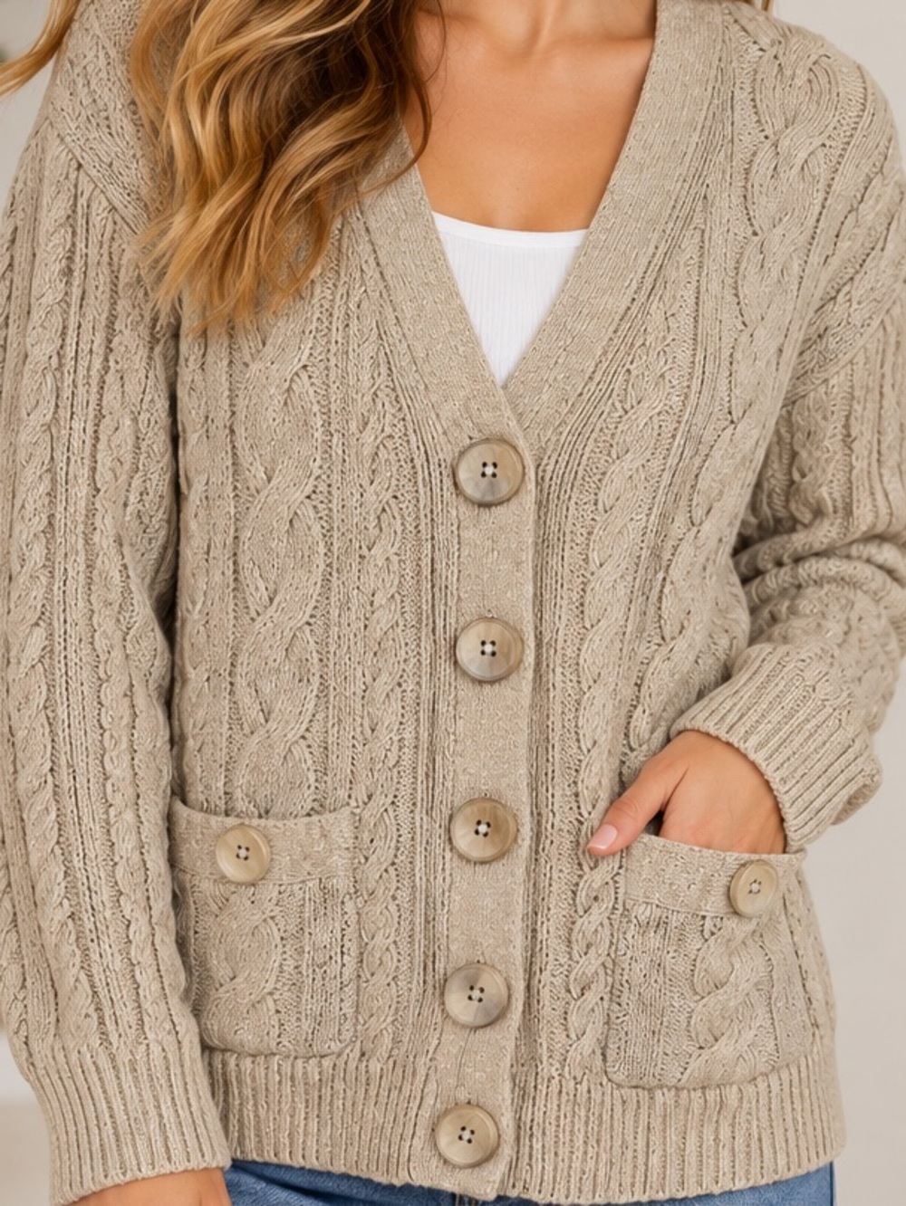 Banana Republic Beige Cable-Knit Button Front Cardigan